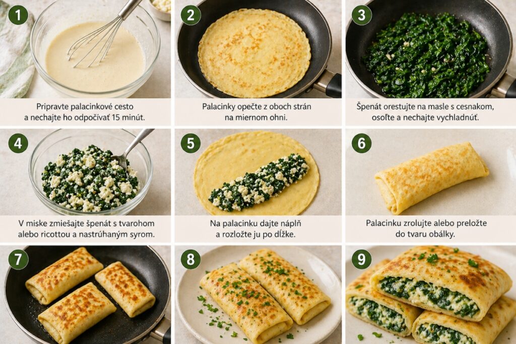 Slané palacinky plnené syrom a špenátom – postup prípravy krok za krokom