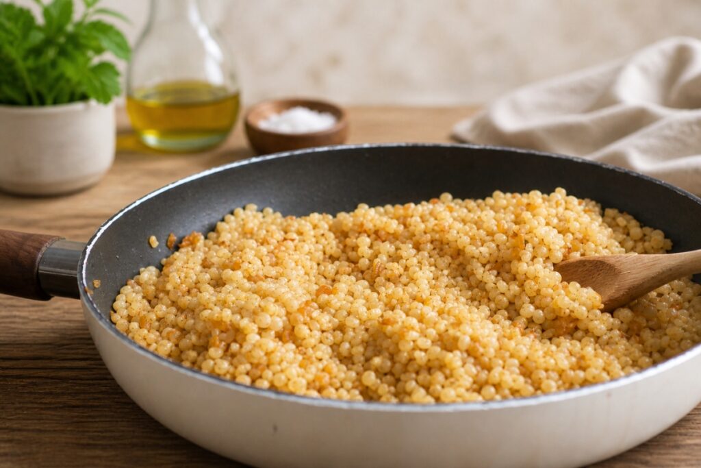Tarhoňa na panvici počas prípravy – restovanie tarhone
